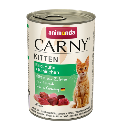 ANIMONDA kaķēniem Carny Kitten Liellopu gaļa+ cāļa gaļa+truša gaļa /with beef, chicken + rabbit/
